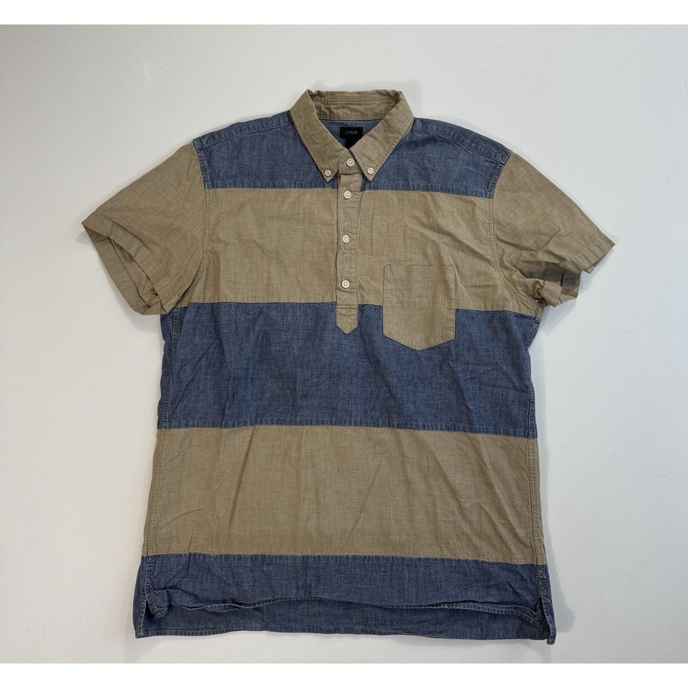 J Crew Men Large Denim Polo Shirt Striped Blue Tan Cotton Casual Outdoor Classic
